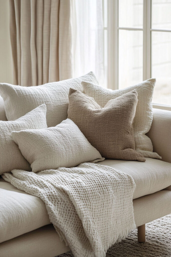 Textured neutral throw blanket and soft beige pillows layered on a modern minimalist sofa in a Scandinavian-inspired living room.