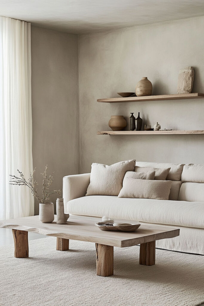 Scandinavian style living room with a raw-edge wood coffee table, cream linen sofa, natural pottery, and open wood shelves on a plaster wall.