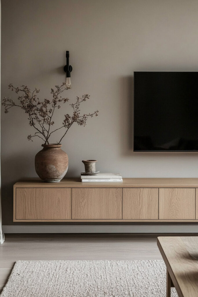 Scandinavian style living room with a floating wood TV console, large clay vase with dried branches, neutral rug, and modern decor.