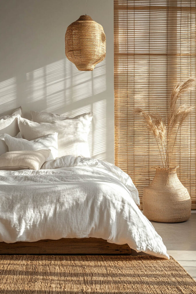 Minimalist bedroom with white linen bedding, woven pendant light, bamboo blinds, and a large basket vase with pampas grass