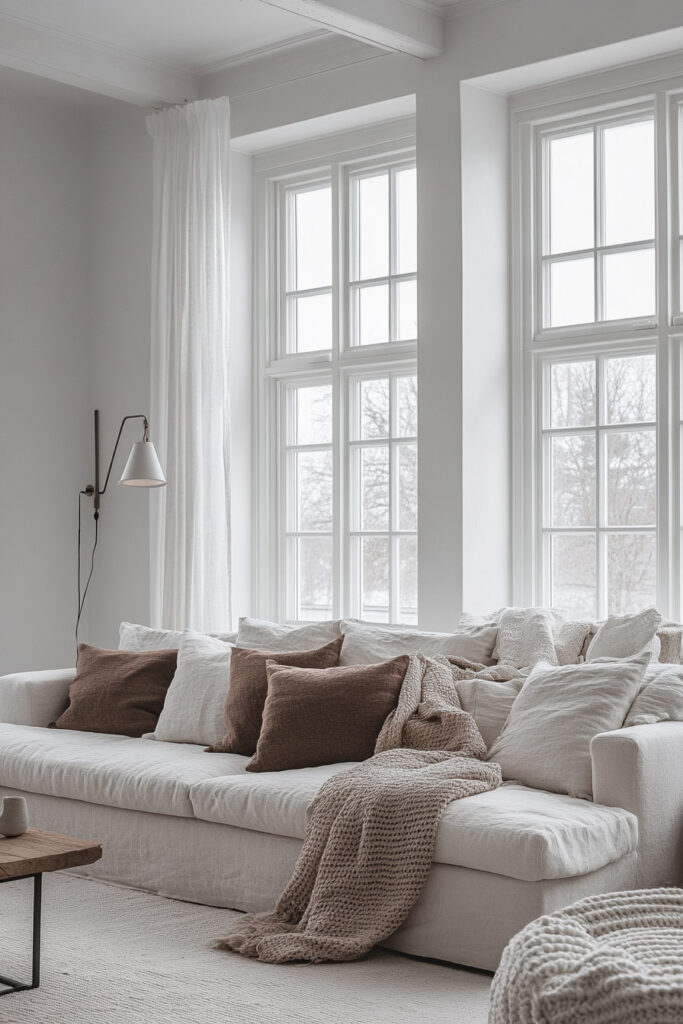 Minimalist living room with a low-profile white sofa, layered brown and ivory throw pillows, a chunky knit throw blanket, and large grid windows bringing in soft daylight.