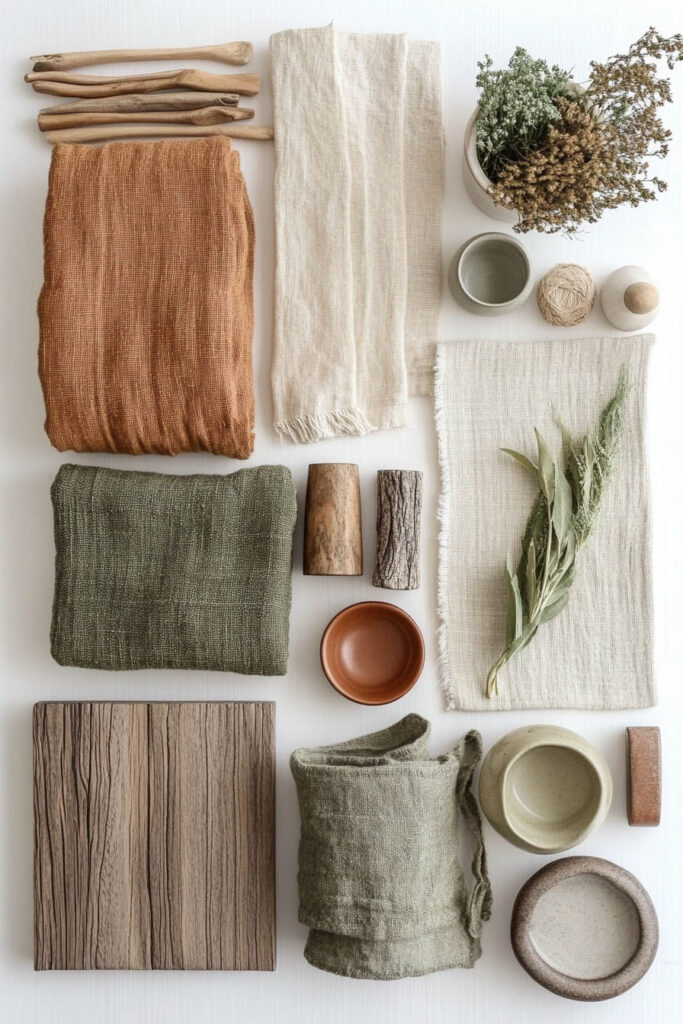 Flat lay of earthy bedroom color palette with sage and terracotta linen, natural wood samples, dried greenery, and neutral-toned ceramic decor on a white background.