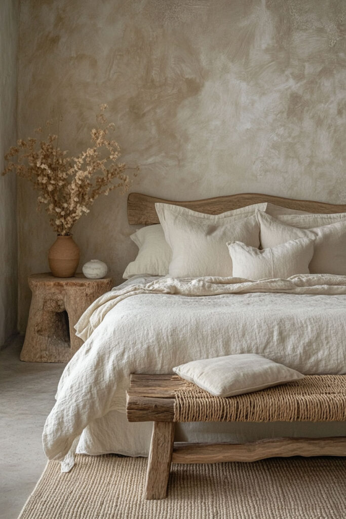 Earthy bedroom featuring a rustic wood bench, organic linen bedding, textured plaster walls, and dried florals in a clay vase.
