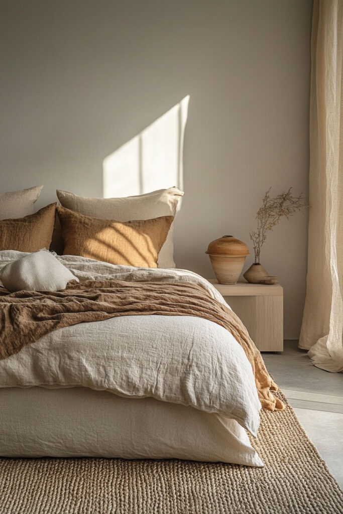 Earthy minimalist bedroom featuring light brown linen bedding, neutral throw pillows, natural sunlight on the wall, and rustic pottery on a light wood nightstand.