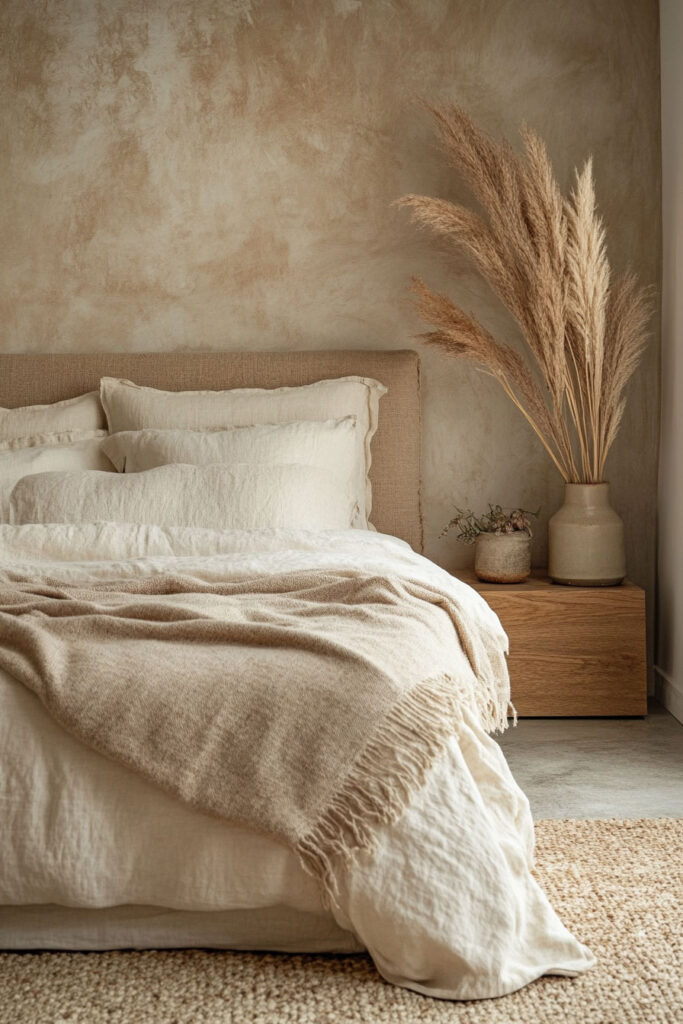 Earthy bedroom featuring a textured plaster wall, soft neutral linen bedding, a warm beige throw blanket, pampas grass in a ceramic vase, and a wood nightstand.