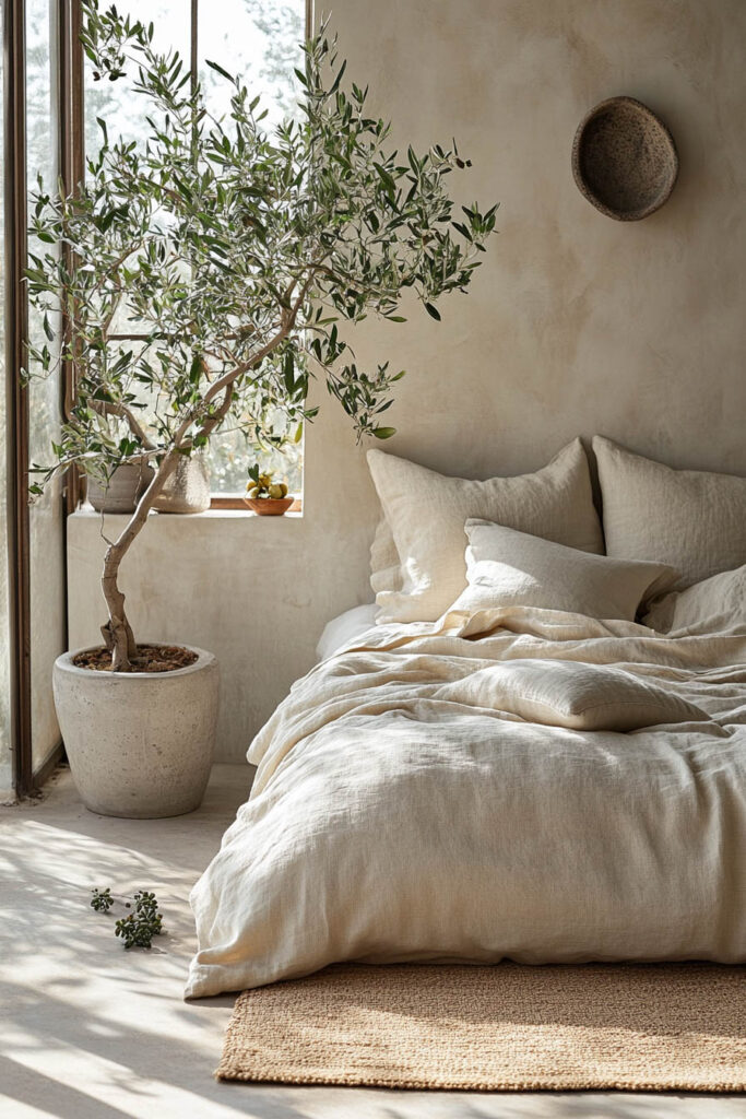 Minimal earthy bedroom with a tall potted olive tree beside a window, neutral linen bedding, and soft morning sunlight casting shadows.