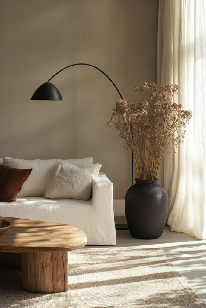 Earthy modern living room with a white linen sofa, rust pillow, oversized black vase with dried stems, and a curved black floor lamp.