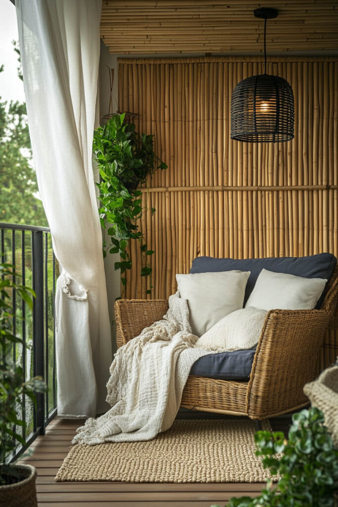 Tropical cozy balcony with bamboo privacy wall, wicker chair, navy cushions, rattan pendant light, knit throw, and potted greenery.