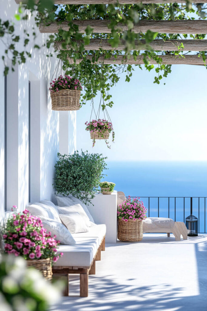 Mediterranean balcony with white walls, wooden pergola, hanging flower baskets, pink blooms, white bench, ocean view, and coastal plants.