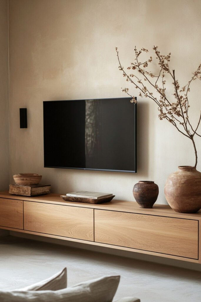 Minimalist floating TV console with natural wood finish and decorative rustic pottery in a Scandinavian-inspired living room.