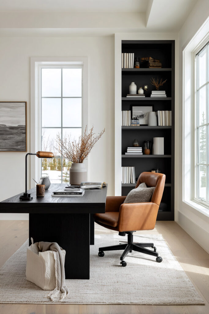 Modern home office featuring a black wood desk, tan leather office chair, built-in black shelving with books and decor, and large windows with natural light.