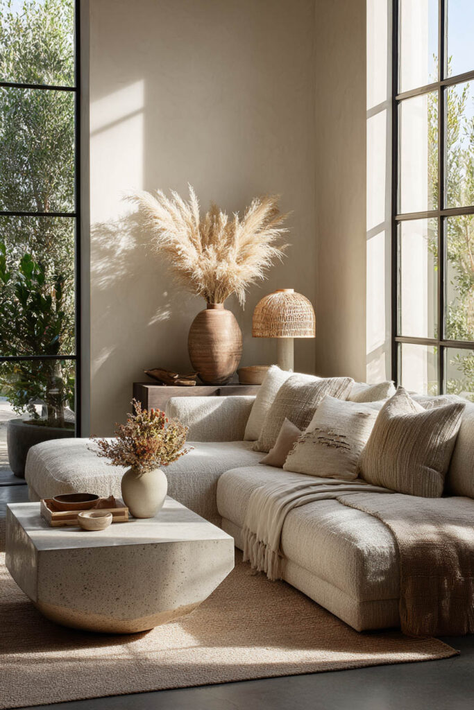 Neutral living room with a textured sofa, pampas grass in a large ceramic vase, woven lamp, and natural light flooding through tall black-framed windows for a warm and inviting organic look.