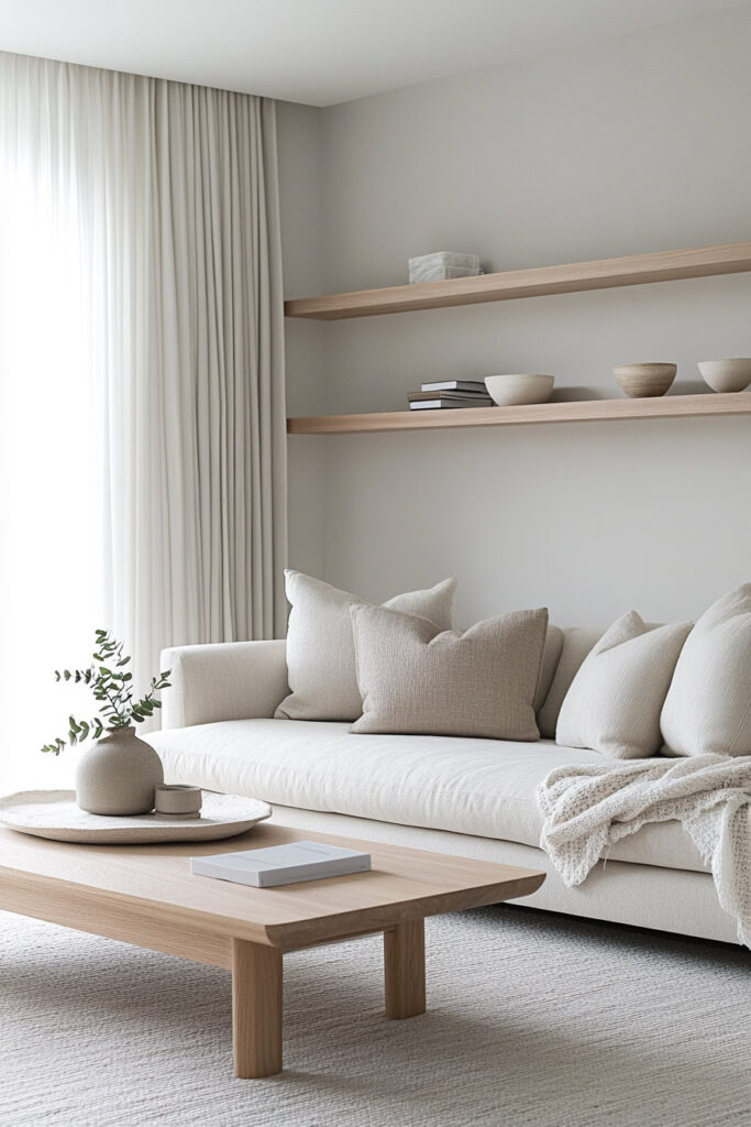 Neutral Scandinavian living room with a cream sofa, beige throw pillows, a wood coffee table, and a vase with eucalyptus on a tray.