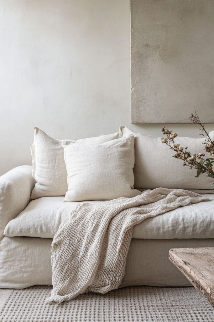 Cream linen sofa with textured throw blanket and neutral pillows in a Scandinavian-inspired living room with soft natural light.