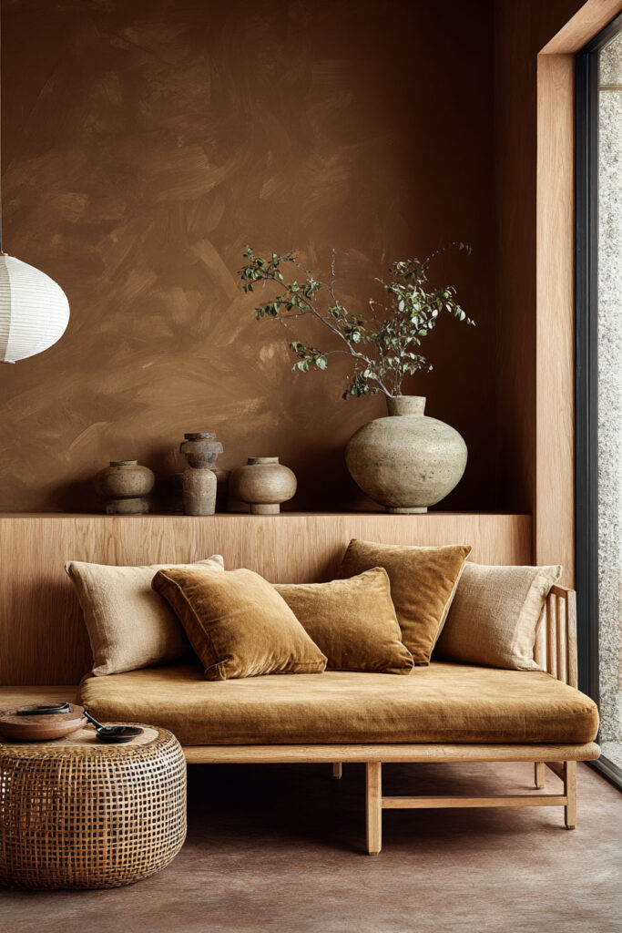 Cozy sitting nook with a natural wood bench, warm caramel cushions, textured brown walls, rustic pottery, and a wicker side table by a large window.