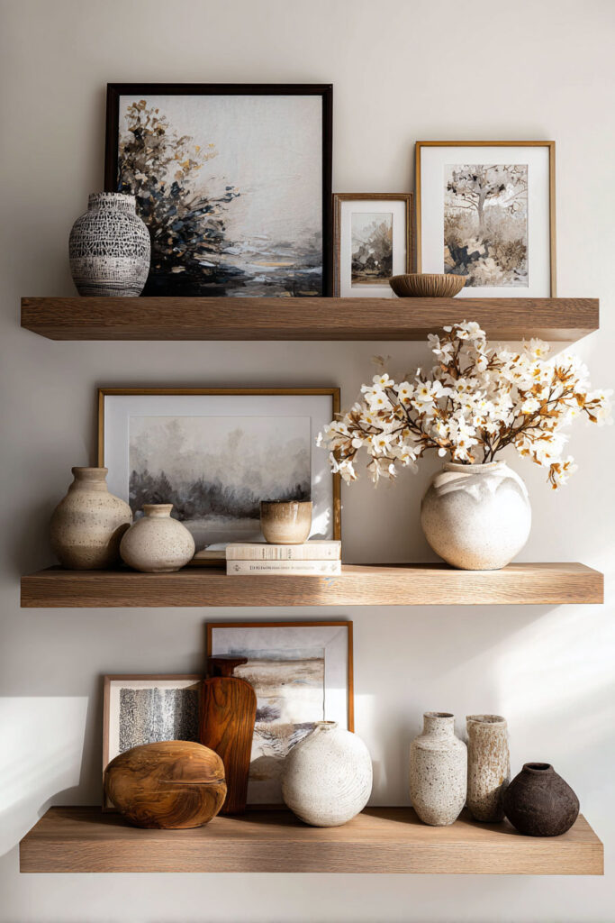 Three wooden floating shelves styled with layered landscape art, neutral ceramic vases, and sculptural decor in an earthy color palette. Natural window light highlights the balance of heights, materials, and textures, creating a serene and curated shelf display.