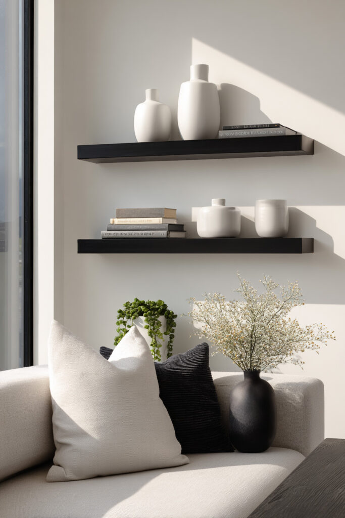 Black floating shelves styled with matte white ceramic vases, stacked neutral books, and minimalist greenery. Soft natural light from a large window casts sharp shadows, highlighting the contrast between the light walls and dark shelves in a cozy modern living space.