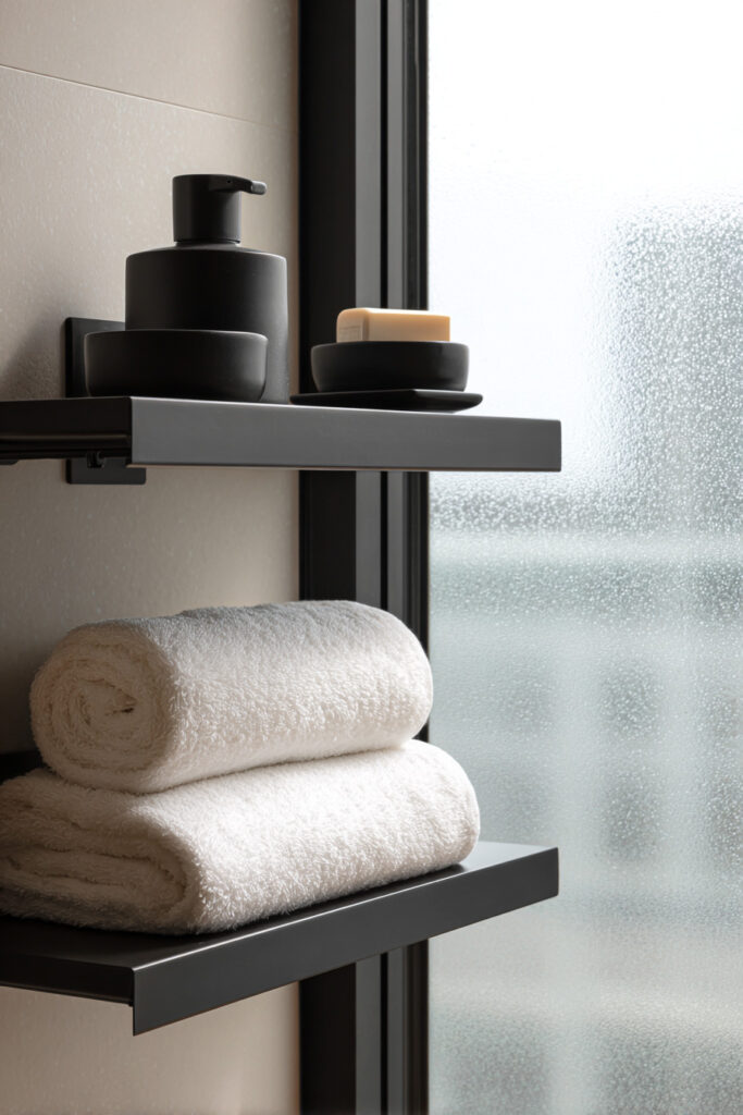 Minimal black metal bathroom shelves styled with rolled white towels, a matte black soap dispenser, and bar soap by a frosted window.
