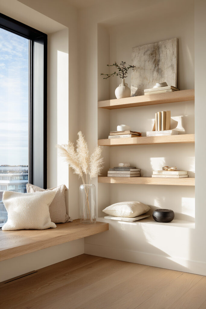 Minimalist floating shelves styled with soft-toned books, sculptural white decor, and neutral ceramics in a bright modern nook. Natural light from large windows creates warm highlights and soft shadows across the pale wood and textured materials.