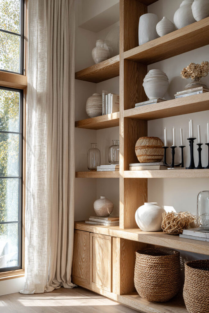 Tall built-in natural wood shelves styled with neutral ceramic vases, stacked books, glass jars, black candleholders, and woven baskets in a softly sunlit living space.