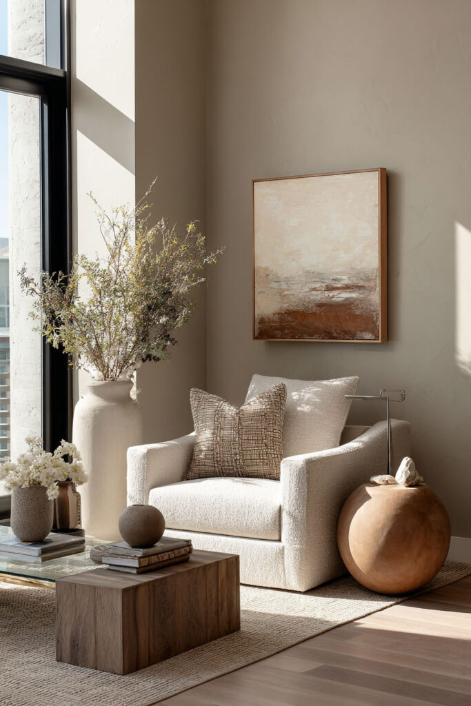 Neutral living room corner featuring a textured armchair with accent pillows, a rustic wood coffee table, large ceramic vases, and a neutral abstract painting.