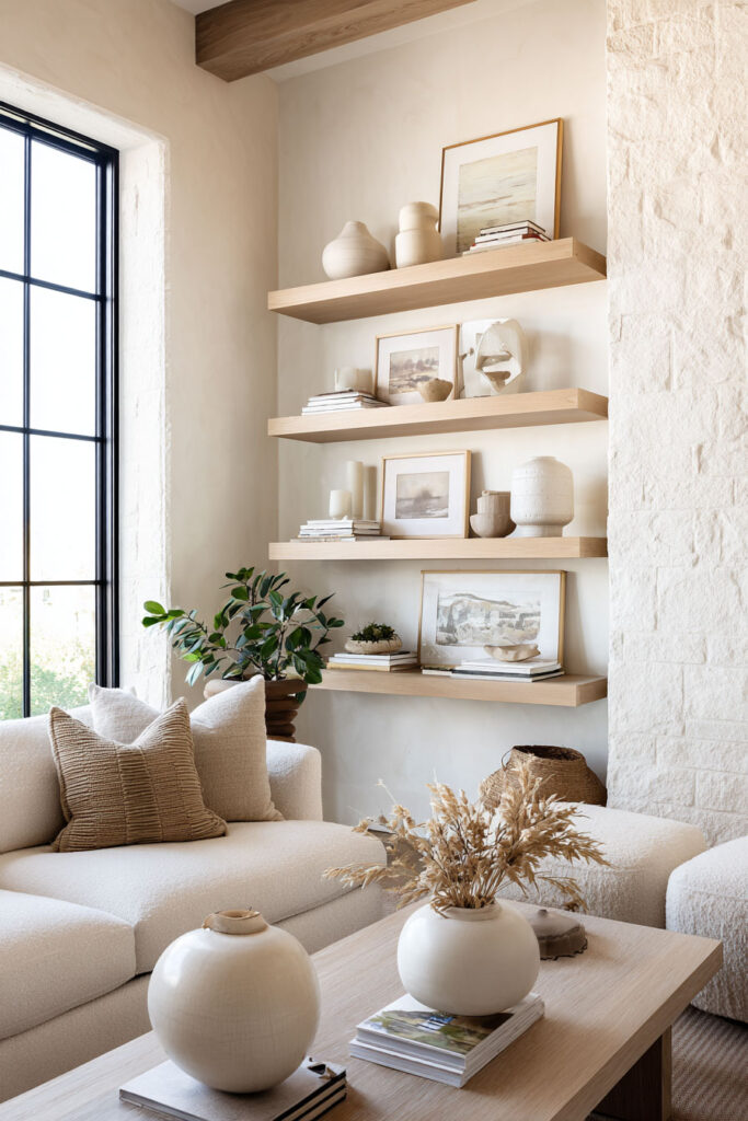 Neutral-toned living room shelves styled with pottery, framed art, books, and natural textures in an earthy modern palette.