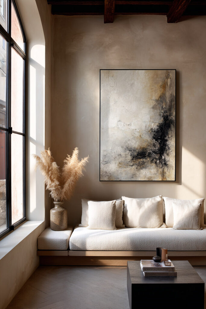 A minimalist neutral living room featuring a low cream sofa, large textured abstract artwork in black and beige tones, and a tall vase with pampas grass by a black-framed window.