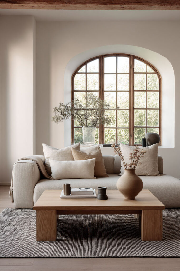 A serene neutral minimalist living room with an arched wood-framed window, soft beige sofa layered with natural linen pillows, a light wood coffee table, and ceramic vases creating an airy and calming aesthetic.