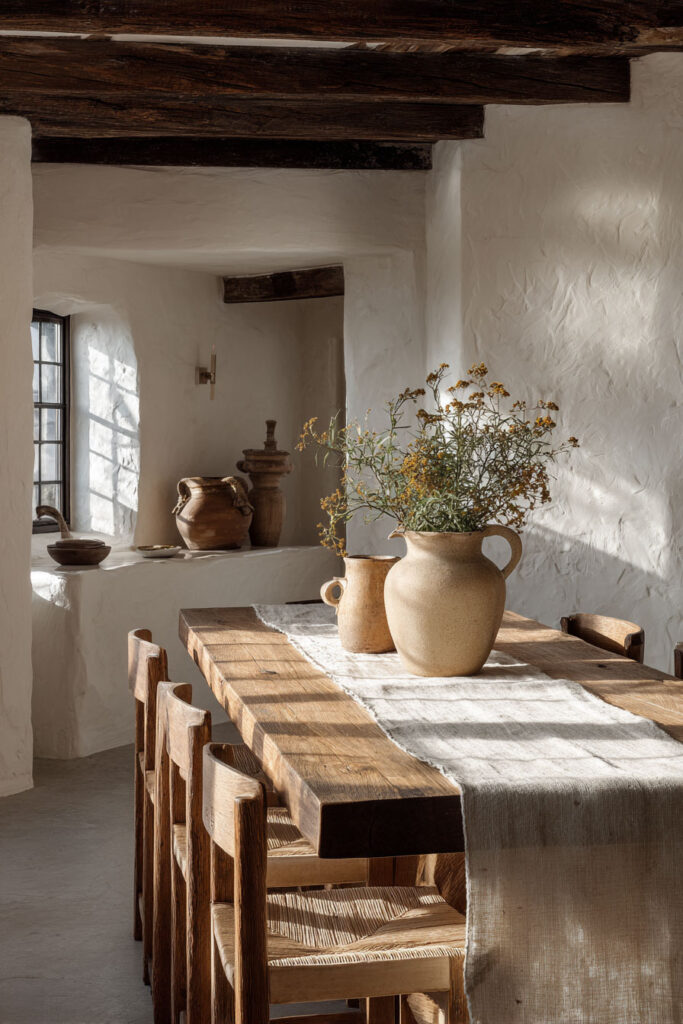 Rustic neutral dining room with textured white plaster walls, a large wooden dining table, natural linen runner, ceramic vases with wildflowers, and warm natural light streaming in.