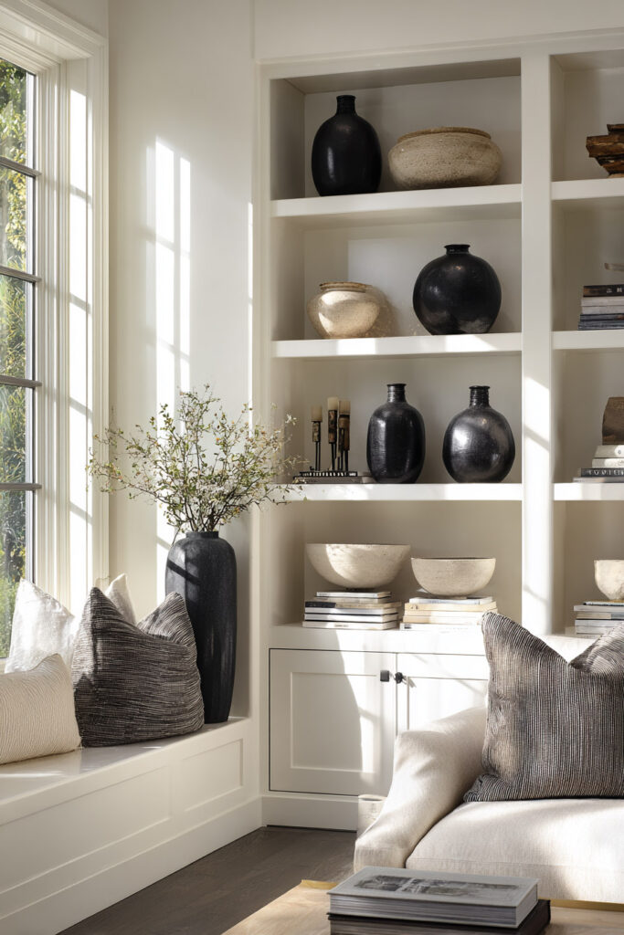 Built-in white shelves styled with black and natural ceramic vases, stacked neutral books, and layered minimalist decor in a sunlit living room.