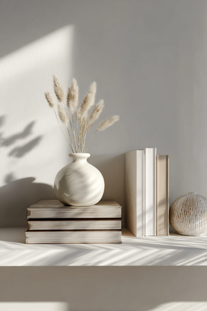 Shelf styled with stacked and upright neutral-toned books, a round ceramic vase with pampas grass, and a textured decorative object, in soft natural light.