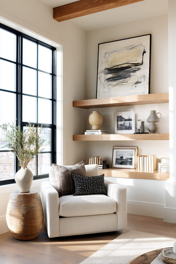 Neutral shelf styling with light oak floating shelves, abstract artwork, stacked books, and minimal pottery in a cozy reading nook with natural light.
