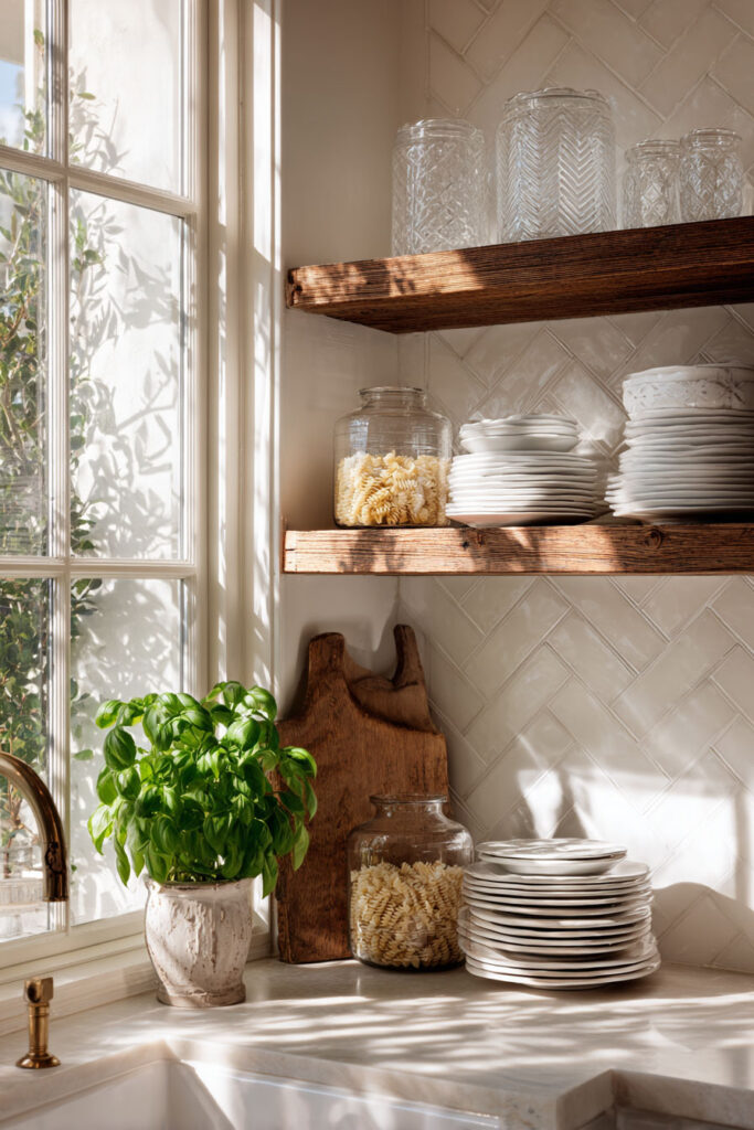 Sunlit kitchen corner with open wood shelves styled with glass jars, stacked white dishes, a potted basil plant, and cutting boards against a cream herringbone tile backsplash.