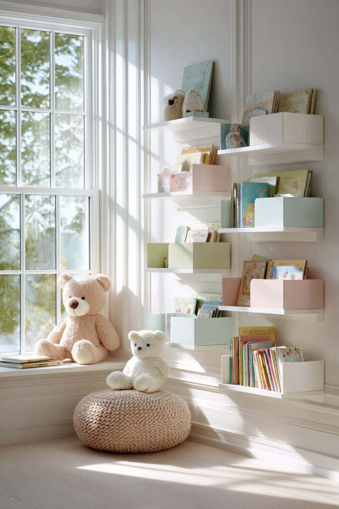 Children’s room shelves styled with pastel book bins, stuffed animals, and children’s books beside a large sunny window and cozy pouf.