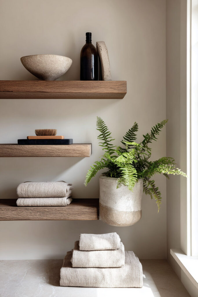 Minimalist bathroom shelves styled with stacked beige towels, a ceramic pot holding a lush green fern, and neutral-toned decor under soft natural light.