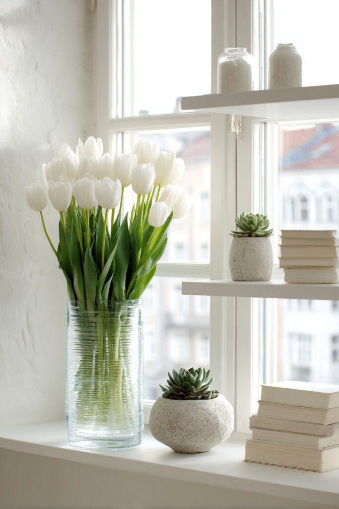 Bright windowsill styled with a glass vase of white tulips, small succulents in textured pots, and neutral stacked books in natural daylight.