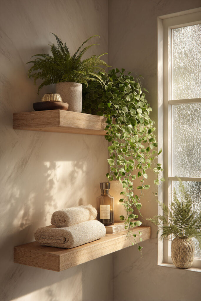 A softly lit bathroom shelf styled with trailing greenery, ferns, rolled towels, amber glass bottle, and natural decor in earthy tones.