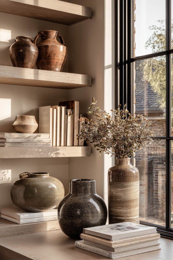 Shelf styling with neutral-toned books, rustic ceramic vases, and dried branches arranged beside a window for a cozy, earthy decor look.