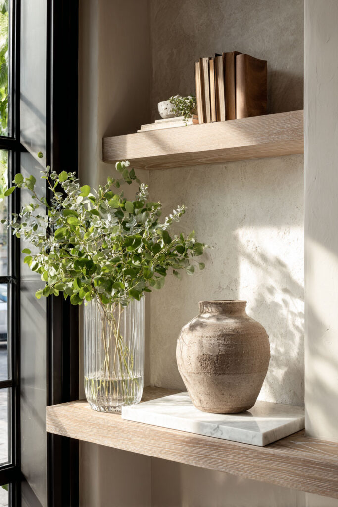 Light wood floating shelves styled with vintage books, a ceramic vase on a marble tray, and a tall glass vase of fresh eucalyptus, by a window with soft daylight.