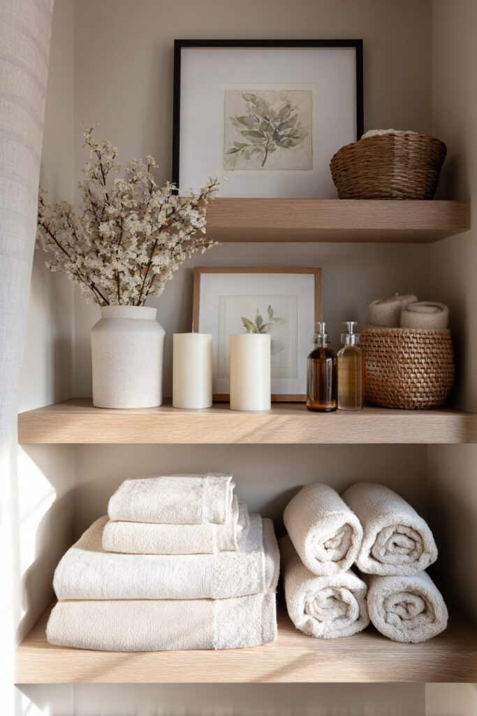 Bathroom shelves styled with white towels, floral branches in a ceramic vase, framed botanical prints, candles, and woven baskets.