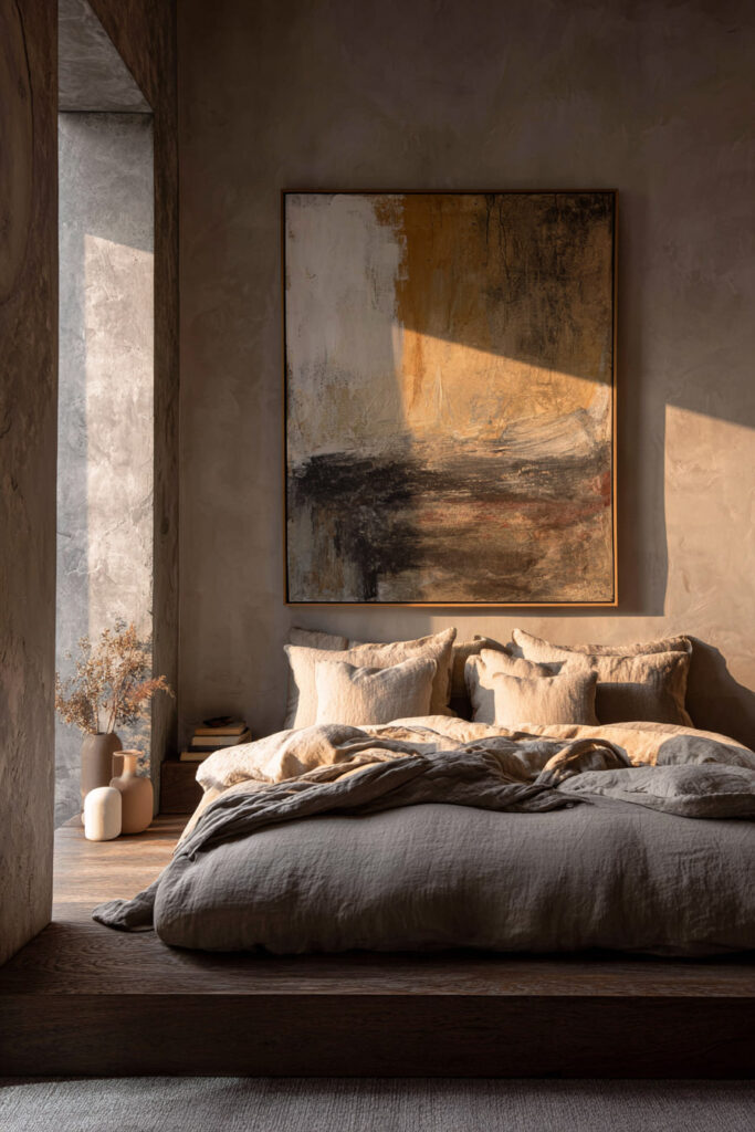 Neutral bedroom featuring a low wood platform bed with soft linen bedding, textured plaster walls, and a large abstract painting in warm earthy tones above the bed.