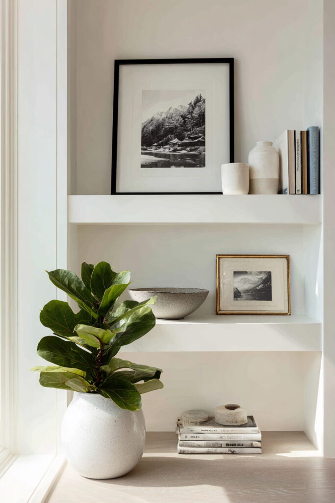 Built-in white shelves styled with black and white photography, ceramic vases, a fiddle leaf fig plant, and neutral-toned books.