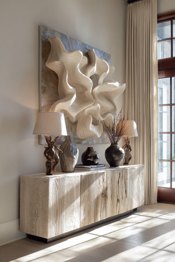 Neutral entryway featuring a dramatic sculptural wall art installation above a natural wood console table, decorated with organic ceramic vases, table lamps, and textured decor.