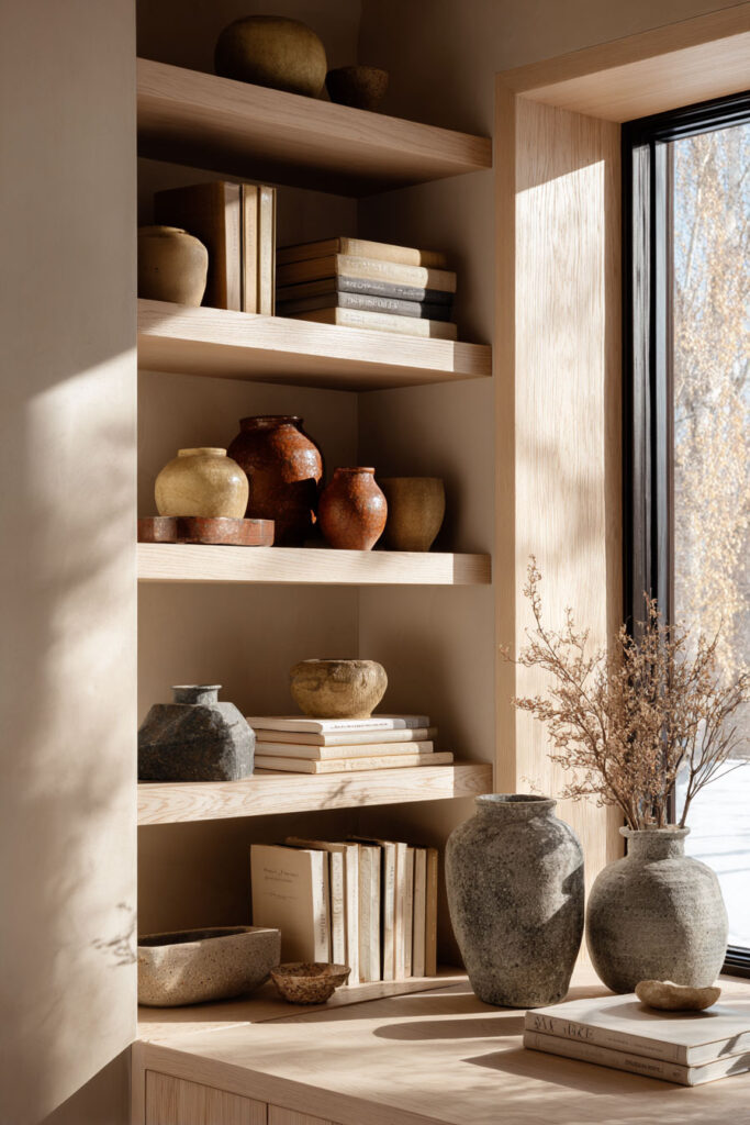 Neutral-toned shelf styling with stacked books, rustic clay vases, and stone-like pottery arranged by a window with soft natural light.