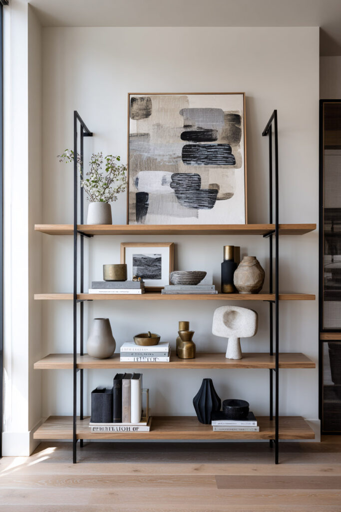 Open wood and metal shelving unit styled with abstract artwork, ceramic vases, books, and sculptural objects in neutral and black tones.