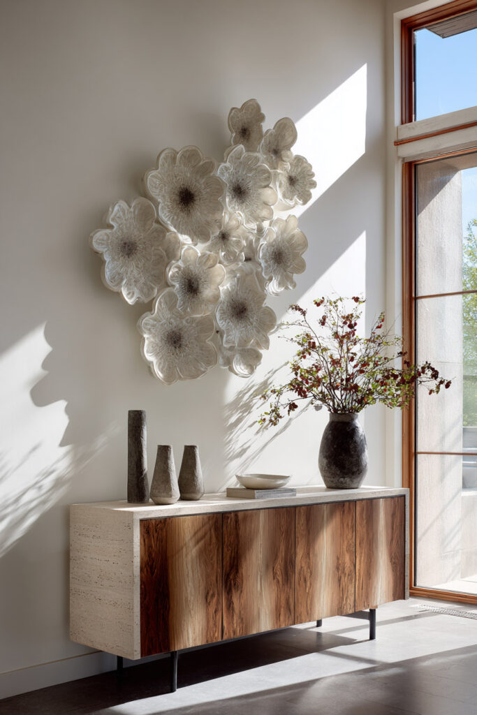 Neutral entryway featuring a large floral wall sculpture in soft white tones above a warm wood console table with natural stone accessories and a ceramic vase of branches.
