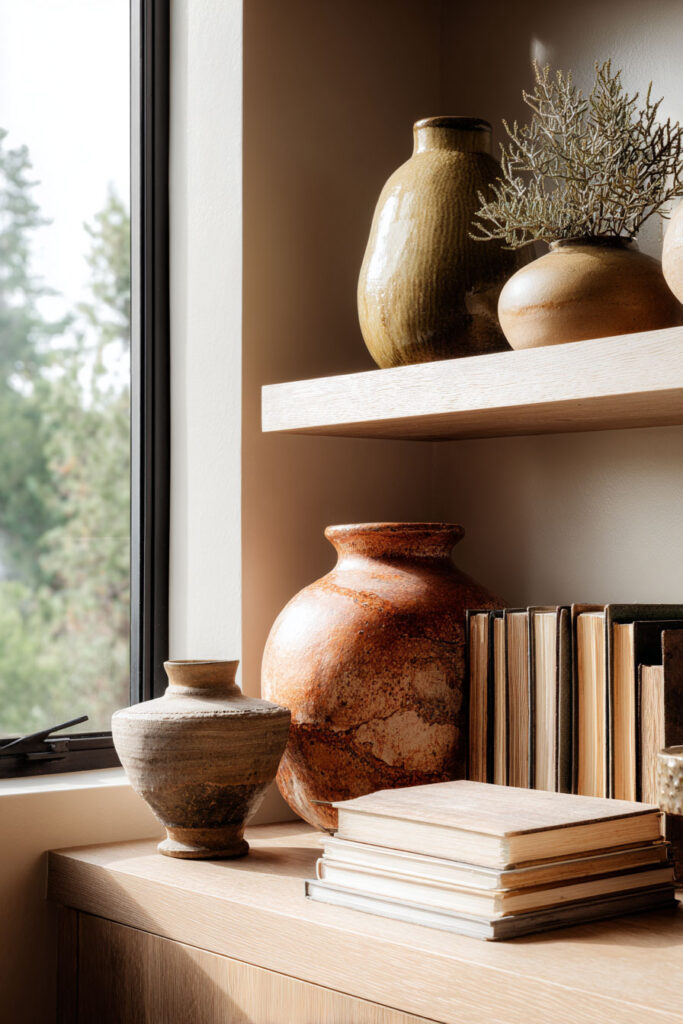 Shelf and console styled with warm-toned vintage pottery, neutral stacked books, and a natural window view for cozy organic decor.