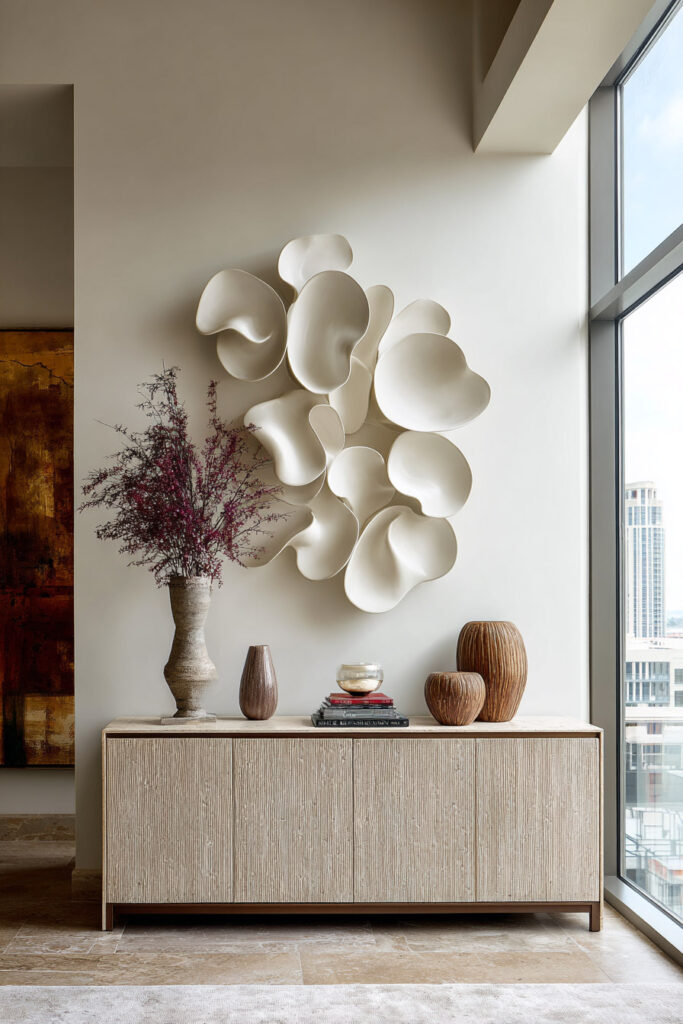 Neutral entryway featuring a striking white sculptural wall art installation above a textured wood console table styled with ceramic vases, books, and natural decor.