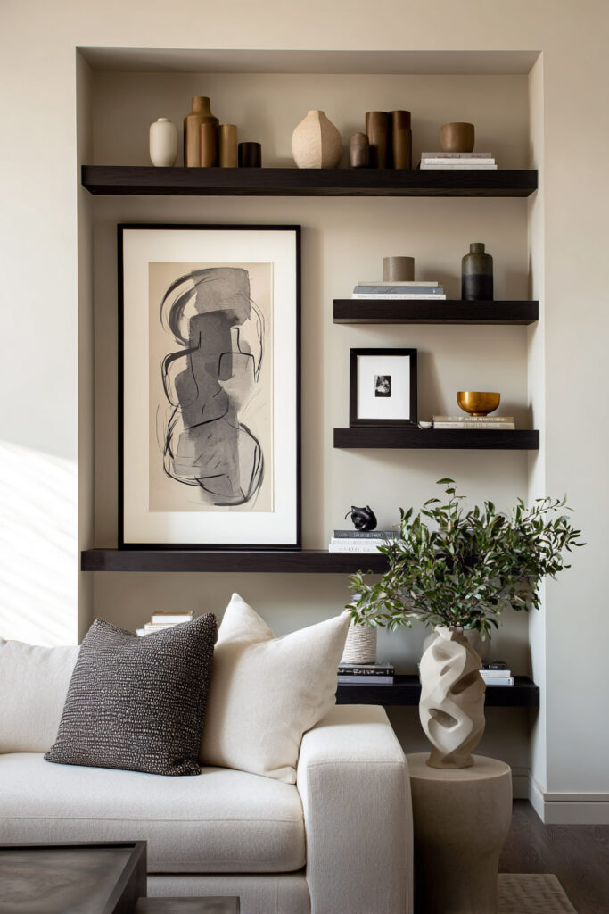 Built-in shelves with dark wood tones styled with abstract art, sculptural vases, ceramic vessels, and minimalist books.
