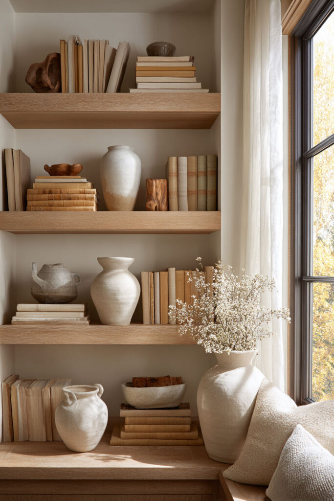 Wooden shelves styled with neutral-toned books, textured ceramic vases, and simple earthy accents near a sunlit window for cozy shelf decor.